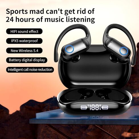 ENC, Earbuds, Headphone, Hook, Bluetooth 5.4, LED Display Case, Microphone, Long 40H Playtime, Hi-Fi Stereo Deep Bass, Crystal Clear, IPX5 Waterproof, Button Controls, Sports, Phone, Black in Kuwait