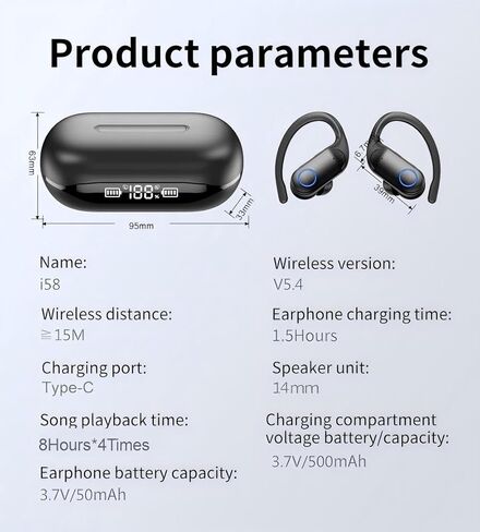 ENC, Earbuds, Headphone, Hook, Bluetooth 5.4, LED Display Case, Microphone, Long 40H Playtime, Hi-Fi Stereo Deep Bass, Crystal Clear, IPX5 Waterproof, Button Controls, Sports, Phone, Black in Kuwait