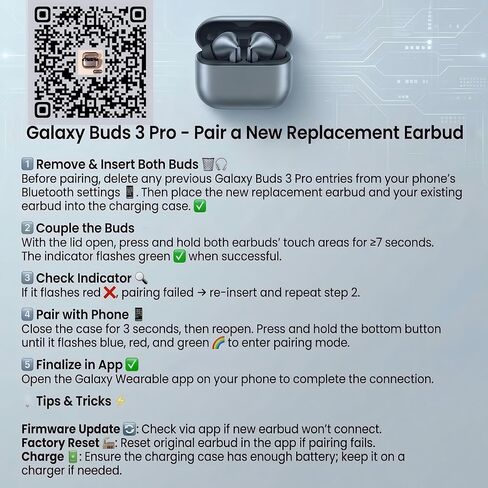 OEM Single Left Ear Replacement Earbud for Samsung Galaxy Buds 3 Pro SM-R630, Compatible Genuine Left Side Only, Original Used Buds3Pro, One R Buds Pro 3, Silver, True Wireless Bluetooth, AI Chip in Kuwait