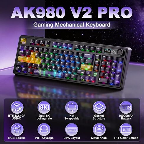 لوحة مفاتيح ميكانيكية لاسلكية AJAZZ AK980 V2 Pro، بطارية 10000 مللي أمبير في الساعة ومعدل اقتراع مزدوج 8000 هرتز، لوحة مفاتيح ألعاب ثلاثية الوضع مع شاشة/مقبض ذكي، قابلة للتبديل السريع للفوز/Mac (أرجواني، مفتاح Lychee) in Kuwait