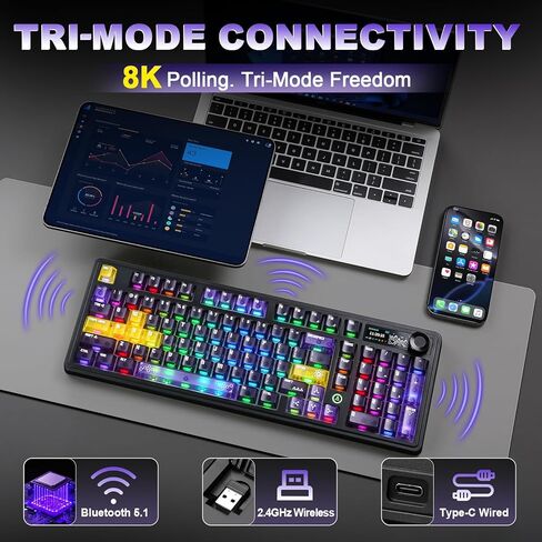 لوحة مفاتيح ميكانيكية لاسلكية AJAZZ AK980 V2 Pro، بطارية 10000 مللي أمبير في الساعة ومعدل اقتراع مزدوج 8000 هرتز، لوحة مفاتيح ألعاب ثلاثية الوضع مع شاشة/مقبض ذكي، قابلة للتبديل السريع للفوز/Mac (أرجواني، مفتاح Lychee) in Kuwait