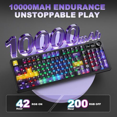 لوحة مفاتيح ميكانيكية لاسلكية AJAZZ AK980 V2 Pro، بطارية 10000 مللي أمبير في الساعة ومعدل اقتراع مزدوج 8000 هرتز، لوحة مفاتيح ألعاب ثلاثية الوضع مع شاشة/مقبض ذكي، قابلة للتبديل السريع للفوز/Mac (أرجواني، مفتاح Lychee) in Kuwait
