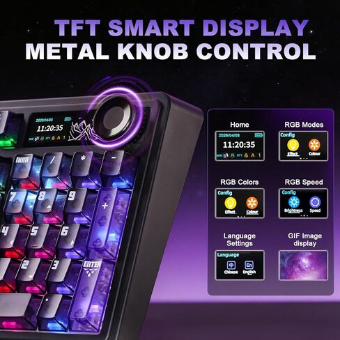 لوحة مفاتيح ميكانيكية لاسلكية AJAZZ AK980 V2 Pro، بطارية 10000 مللي أمبير في الساعة ومعدل اقتراع مزدوج 8000 هرتز، لوحة مفاتيح ألعاب ثلاثية الوضع مع شاشة/مقبض ذكي، قابلة للتبديل السريع للفوز/Mac (أرجواني، مفتاح Lychee) in Kuwait