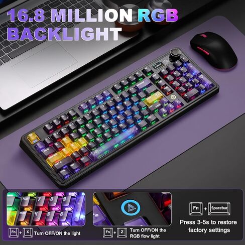 لوحة مفاتيح ميكانيكية لاسلكية AJAZZ AK980 V2 Pro، بطارية 10000 مللي أمبير في الساعة ومعدل اقتراع مزدوج 8000 هرتز، لوحة مفاتيح ألعاب ثلاثية الوضع مع شاشة/مقبض ذكي، قابلة للتبديل السريع للفوز/Mac (أرجواني، مفتاح Lychee) in Kuwait
