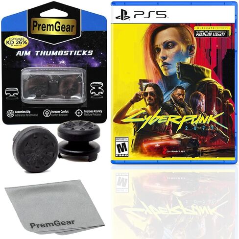 Cyberpunk 2077: Ultimate Edition for PlayStation 5 (US Version), with PremGear ThumbSticks (2 pack: 1 High-Rise, 1 Mid-Rise) & Cleaning Cloth in Kuwait