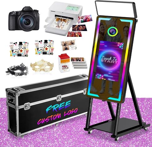Mirror Photo Booth with Printer and Camera,40" DSLR Photo Booth with 22" Touch Screen Built-in PC,Music Sync RGB Lights,Instant Print and Share for Parties Events (Black+Camera+Printer) in Kuwait
