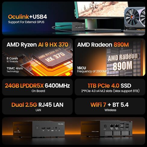 كمبيوتر صغير PELADN، Ryzen AI 9 HX 370،24GB LPDDR5X/1TB PCIe 4.0 SSD، Dual 2.5G LAN، USB4 20Gbps Type-C/DP/HD، WiFi7 4K/60 هرتز ثلاثي العرض USB3.2/BT5.4 أجهزة كمبيوتر صغيرة in Kuwait