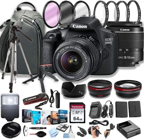 كاميرا Canon EOS 2000D (Rebel T7) DSLR مع عدسة تكبير 18-55 مم F/3.5-5.6 + حقيبة ظهر Sling 100S + بطاقات ذاكرة سعة 64 جيجابايت، حزمة صور احترافية (حزمة 40 قطعة) (متجددة) in Kuwait