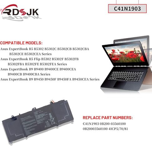 C41N1903 Laptop Battery for Asus ExpertBook B9 B9400 B9400CE B9400CEA B9400CB B9400CBA B9450 B9450F B9450FA B9450CEA B5 Flip B5302 B5302CBA B5302CE B5302CEA B5302F B5302FBA B5302FE B5302FEA 15.4V 66Wh in Kuwait