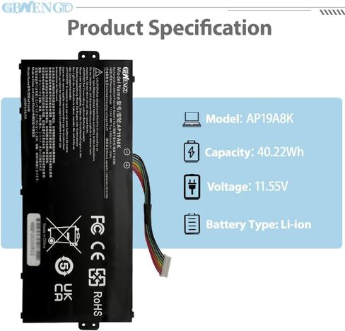 AP19A8K استبدال بطارية الكمبيوتر المحمول لشركة أيسر Chromebook Spin 311 CP311 CP311-1H CP311-1HN CP311-2H CP311-2HN CB311-9H CP311-3H Spin 511 R752TN R752T Series 3ICP5/58/72 40.22Wh 11.55V 3482 مللي أمبير in Kuwait