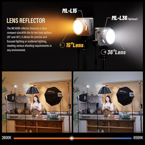 Godox ML100Bi 120W ثنائي اللون LED فيديو ضوء، COB LED محمول ضوء فيديو 34300 Lux CRI 96+/TLCI 97+ 2800K-6500K 11 تأثيرات FX لتصوير استوديو البث المباشر in Kuwait