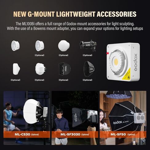 Godox ML100Bi 120W ثنائي اللون LED فيديو ضوء، COB LED محمول ضوء فيديو 34300 Lux CRI 96+/TLCI 97+ 2800K-6500K 11 تأثيرات FX لتصوير استوديو البث المباشر in Kuwait