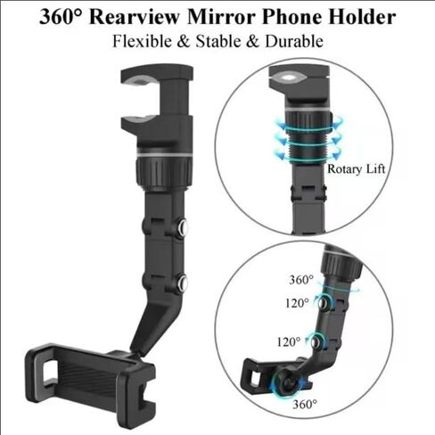 Car Phone Holder,Rear View Mirror Phone Holder, 360° Rotatable Rearview Mirror Phone Holder for Car for Hands-Free Viewing & Music Playing for Dash, Headrest, Kitchen, Bedroom - Fits All Smartphones in Kuwait