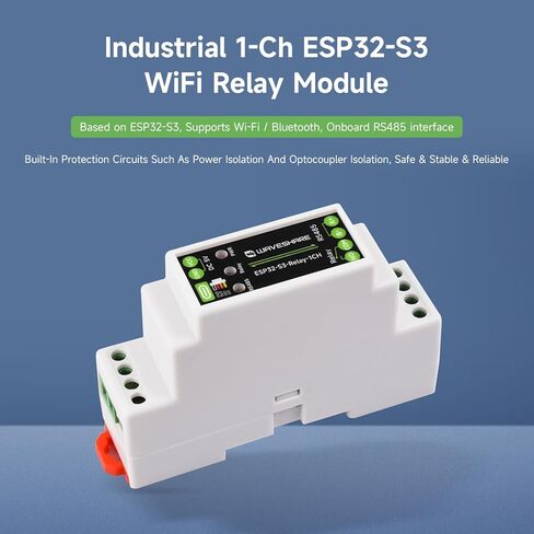 Waveshare Industrial 1-Channel ESP32-S3 WiFi Relay Module, Wi-Fi/Bluetooth Support, Onboard RS485 Interface, Multiple Isolation Protection Circuits, Industrial-Grade Rail-Mount Enclosure in Kuwait