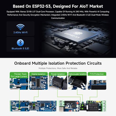 Waveshare Industrial 1-Channel ESP32-S3 WiFi Relay Module, Wi-Fi/Bluetooth Support, Onboard RS485 Interface, Multiple Isolation Protection Circuits, Industrial-Grade Rail-Mount Enclosure in Kuwait