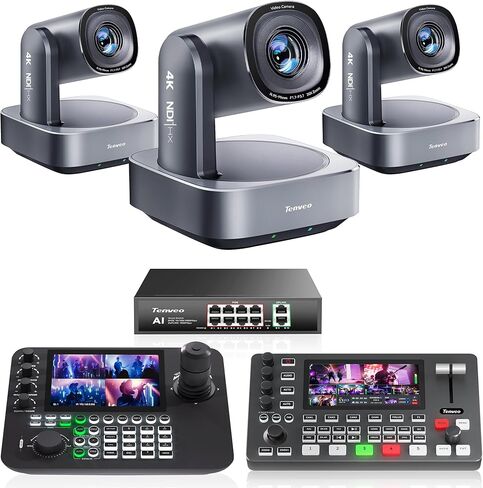 Tenveo 4K NDI PTZ Camera Bundle/Kit - 3-Pack 20X Optical + 8X Digital Zoom AI Cameras (LAN/HDMI/USB3.0), 7-inch Quad-Screen NDI Joystick Controller, 4K HDMI SDI Video Switcher and 8-Port PoE Switch in Kuwait