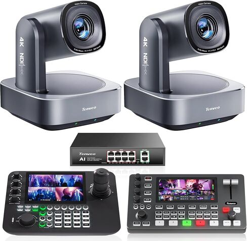 Tenveo 4K NDI PTZ Camera Bundle/Kit - 2-Pack 20X Optical + 8X Digital Zoom AI Cameras (LAN/HDMI/USB3.0), 7-inch Quad-Screen NDI Joystick Controller, 4K HDMI SDI Video Switcher and 8-Port PoE Switch in Kuwait
