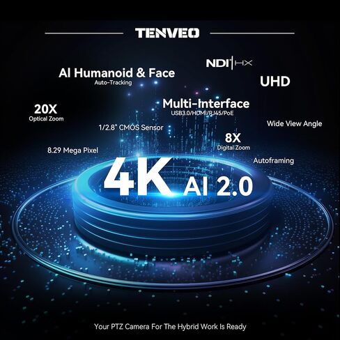 Tenveo 4K NDI PTZ Camera Bundle/Kit - 2-Pack 20X Optical + 8X Digital Zoom AI Cameras (LAN/HDMI/USB3.0), 7-inch Quad-Screen NDI Joystick Controller, 4K HDMI SDI Video Switcher and 8-Port PoE Switch in Kuwait