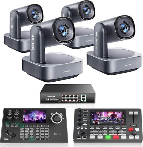 Tenveo 4K NDI PTZ Camera Bundle/Kit - 4-Pack 20X Optical + 8X Digital Zoom AI Cameras (LAN/HDMI/USB3.0), 5-inch Screen NDI Joystick Controller, 4K HDMI SDI Video Switcher and 8-Port PoE Switch in Kuwait
