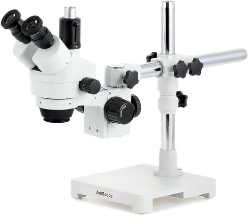 AmScope SM-3T Professional Trinocular Stereo Zoom Microscope, WH10x Eyepieces, 7X-45X Magnification, 0.7X-4.5X Zoom Objective, Ambient Lighting, Single-Arm Boom Stand in Kuwait