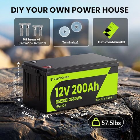 12V 200Ah LiFePO4 Battery 2-Pack, 5120Wh Deep Cycle Lithium Battery with Heavy-Duty 200A BMS, Low-Temp Cutoff, 1C Fast Charge, Grade A Cells, Perfect for RV Air Conditioner, Solar, Marine in Kuwait