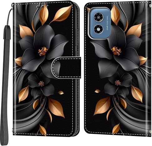 محفظة حافظة لهاتف Motorola Moto G Play 2024، [مسند] حامل 3 بطاقات [غلاف داخلي من مادة TPU مقاوم للصدمات]، غطاء قلاب واقٍ مغناطيسي من جلد البولي يوريثان، زهرة سوداء in Kuwait