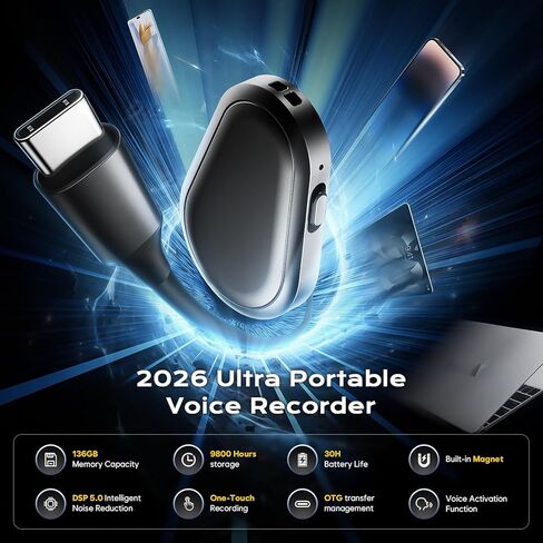 136GB Magnetic Voice Recorder - (9800Hours) Zutiifeu Voice Activated Recorder with DSP5.0 Noise Cancellation HD Audio Recorder for Classes, Meeting, Lecture, Daily Use Recording Device in Kuwait
