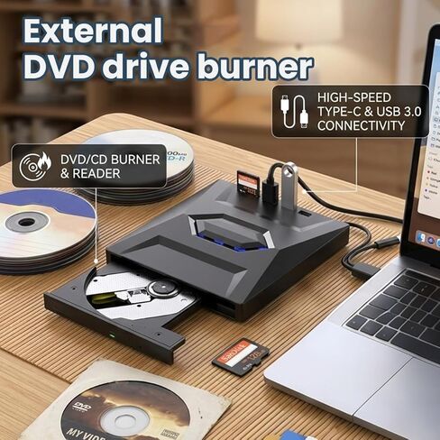 RAINPOT 2026 محرك أقراص DVD خارجي USB 3.0 ونوع C، قارئ DVD-RW/CD محمول مع محور USB وقارئ بطاقة SD/TF، ​​محرك الأقراص الضوئية للتوصيل والتشغيل لسطح المكتب المحمول in Kuwait