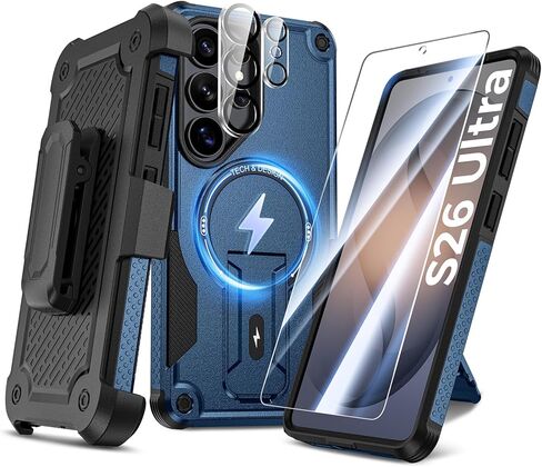 حافظة Goton 4 في 1 لهاتف Samsung Galaxy S26 Ultra مع حافظة بمشبك حزام، وواقي شاشة زجاجي وواقي عدسة الكاميرا، متوافق مع MagSafe، مسند غير مرئي، غطاء هاتف عالي التحمل مقاوم للصدمات in Kuwait
