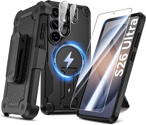 Goton 4-in-1 for Samsung Galaxy S26 Ultra Case with Belt Clip Holster, Glass Screen Protector & Camera Lens Protector, Compatible with MagSafe, Invisible Kickstand, Heavy Duty Shockproof Phone Cover in Kuwait