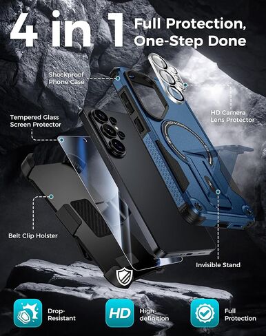 Goton 4-in-1 for Samsung Galaxy S26 Ultra Case with Belt Clip Holster, Glass Screen Protector & Camera Lens Protector, Compatible with MagSafe, Invisible Kickstand, Heavy Duty Shockproof Phone Cover in Kuwait