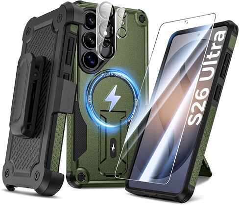Goton 4-in-1 for Samsung Galaxy S26 Ultra Case with Belt Clip Holster, Glass Screen Protector & Camera Lens Protector, Compatible with MagSafe, Invisible Kickstand, Heavy Duty Shockproof Phone Cover in Kuwait