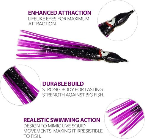 4.75", Hoochie Squid Skirts, 40 Pcs Purple/Black Color, for Saltwater & Freshwater Trolling, Includes Soft Plastic Bodies, Ideal for Salmon, Tuna, Mahi & Offshore Game Fishing in Kuwait