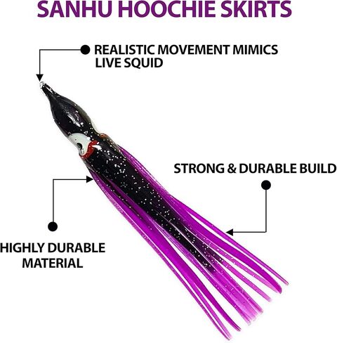 4.75", Hoochie Squid Skirts, 40 Pcs Purple/Black Color, for Saltwater & Freshwater Trolling, Includes Soft Plastic Bodies, Ideal for Salmon, Tuna, Mahi & Offshore Game Fishing in Kuwait