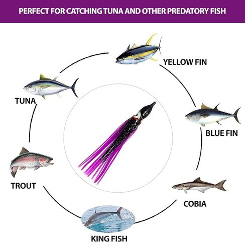 4.75", Hoochie Squid Skirts, 40 Pcs Purple/Black Color, for Saltwater & Freshwater Trolling, Includes Soft Plastic Bodies, Ideal for Salmon, Tuna, Mahi & Offshore Game Fishing in Kuwait