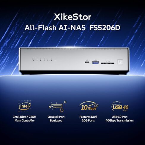 FS5206D AI NAS Mini PC, Intel Core Ultra 7 255H (16C/16T, up to 5.1GHz), 6×M.2 NVMe, Dual 10GbE, WiFi 7, Barebone Version, OCuLink, USB4, 8K DP2.0, All-Flash Private Cloud Storage Server in Kuwait