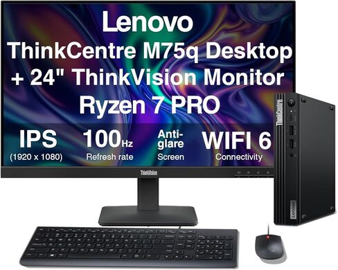 حزمة أجهزة كمبيوتر سطح المكتب Lenovo ThinkCentre M75q Business Mini، شاشة Think Vision 24 بوصة FHD IPS (1920x1080) (Ryzen 7 Pro 8700GE حتى 5.1 جيجا هرتز، 16 جيجا DDR5، 512 جيجا SSD، لوحة مفاتيح، ماوس، Wi-Fi 6، Win11 Pro) in Kuwait