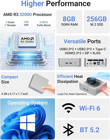 Mini PC 8GB RAM 256GB SSD, AMD Ryzen 3200U(Up to 3.5 GHz) Mini Computers, 4K Display/HDMI+Type-C+2 x USB3.0+RJ45/Wi-Fi 6/BT 5.2 for Home/Business Mini Desktop Computers in Kuwait