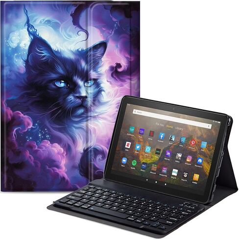 Keyboard Case for All-New Amazon Fire HD 8/8 Plus (12th Generation/10th Generation, 2024/2022/2020 Release), PU Leather Stand Cover with Detachable Bluetooth Keyboard, Black Cat 2 in Kuwait