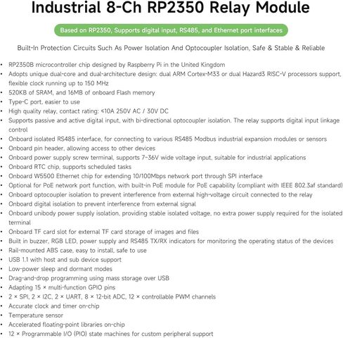 Waveshare Industrial 8-Channel RP2350 Relay Module, Based on RP2350 Dual-core & Dual-Architecture Microcontroller, Supports Digital Input, RS485, Ethernet and Multiple Isolation Protection in Kuwait