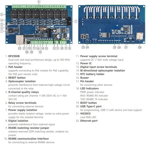 Waveshare Industrial 8-Channel RP2350 Relay Module, Based on RP2350 Dual-core & Dual-Architecture Microcontroller, Supports Digital Input, RS485, Ethernet and Multiple Isolation Protection in Kuwait