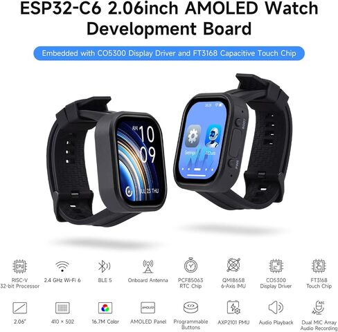 لوحة تطوير شاشة تعمل باللمس AMOLED مقاس 2.06 بوصة من Waveshare، شريحة ESP32-C6، دقة 410 × 502، تدعم W-F 6، BLE 5، Zig-bee، IEEE 802.15.4 in Kuwait