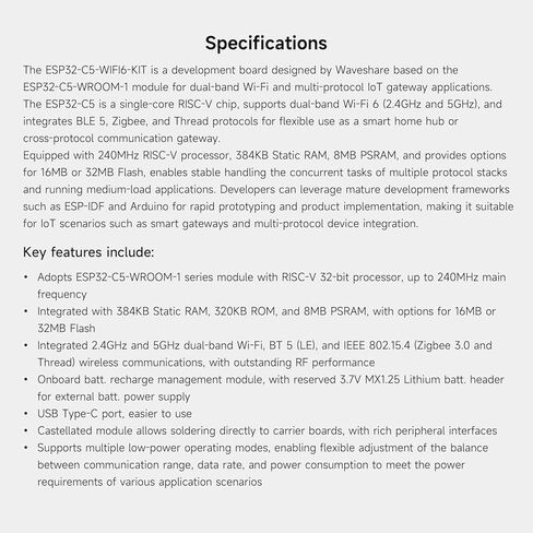 Waveshare ESP32-C5 ثنائي النطاق Wi-Fi 6 Dev Board، 240 ميجا هرتز RISC-V، وحدة سلسلة ESP32-C5-WROOM-1، متعدد البروتوكولات RISC-V MCU، فلاش 32 ميجابايت وذاكرة PSRAM 8 ميجابايت، مع شبكة Wi-Fi خارجية مزدوجة النطاق، ورؤوس ملحومة مسبقًا in Kuwait