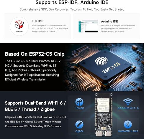 Waveshare ESP32-C5 ثنائي النطاق Wi-Fi 6 Dev Board، 240 ميجا هرتز RISC-V، وحدة سلسلة ESP32-C5-WROOM-1، متعدد البروتوكولات RISC-V MCU، فلاش 32 ميجابايت وذاكرة PSRAM 8 ميجابايت، مع شبكة Wi-Fi خارجية مزدوجة النطاق، ورؤوس ملحومة مسبقًا in Kuwait