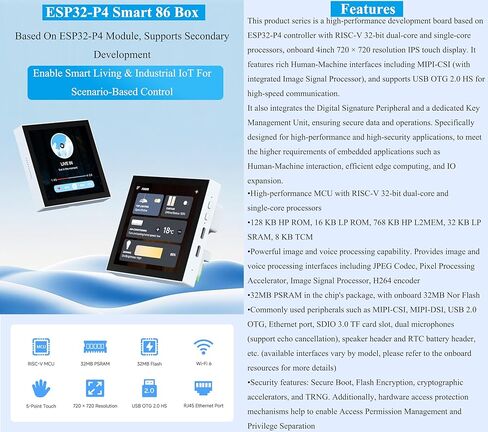 ESP32-P4 Smart 86 Box Development Board، ESP32-P4 Chip Onboard 4inch IPS 720 x720 Pixel Touch Display، Support AI Voice Interaction، مع RS485، منفذ RJ45 Ethernet، واجهات ترحيل 2-CH in Kuwait