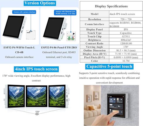 ESP32-P4 Smart 86 Box Development Board، ESP32-P4 Chip Onboard 4inch IPS 720 x720 Pixel Touch Display، Support AI Voice Interaction، مع RS485، منفذ RJ45 Ethernet، واجهات ترحيل 2-CH in Kuwait