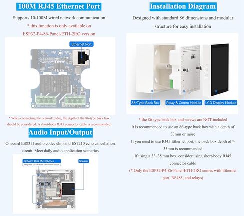 ESP32-P4 Smart 86 Box Development Board، ESP32-P4 Chip Onboard 4inch IPS 720 x720 Pixel Touch Display، Support AI Voice Interaction، مع RS485، منفذ RJ45 Ethernet، واجهات ترحيل 2-CH in Kuwait