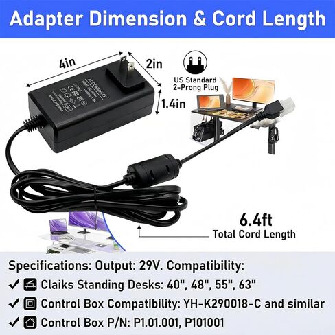 29V Adjustable Desk Power Cord Compatible with Claiks P1.01.001 P101001 40" 48" 55" 63" Height Adjustable Stand Up Desk, Replacement for YH-K290018-C Adapter Charger Cord in Kuwait