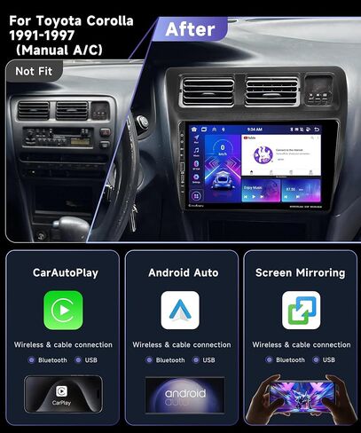8Core 4G 64G Car Stereo for Toyota Corolla 1991-1997 Radio (Manual A/C) with 9inch 1280*720P HD IPS Touch Screen Wireless CarPlay Android Auto MirrorLink DSP 32EQ GPS WiFi 5.0 Bluetooth Backup Camera in Kuwait