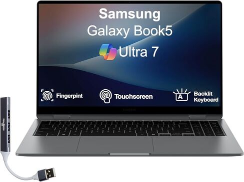 Samsung Galaxy Book5 360 Copilot+ PC AI Business 2 في 1 كمبيوتر محمول 15.6 بوصة شاشة لمس OLED FHD (Intel Ultra 7-256V، 16GB LPDDR5X، 512GB SSD، Backlit، FP، Win 11 Pro) مع موسع منفذ USB DKZ in Kuwait